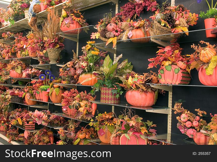 A display of fall decorations for sale. A display of fall decorations for sale