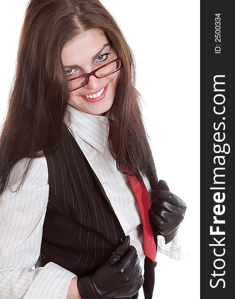 Businesswoman in glasses smiles. Studio shooting