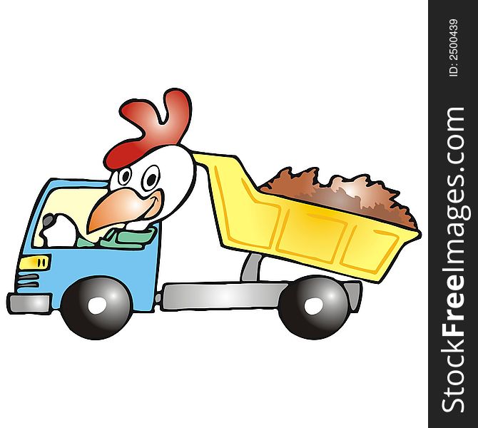 Art illustration: rooster in a truck