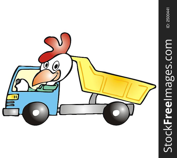 Art illustration: rooster in a truck