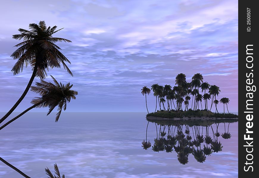 Sunset coconut palm trees on small island - 3d illustration.