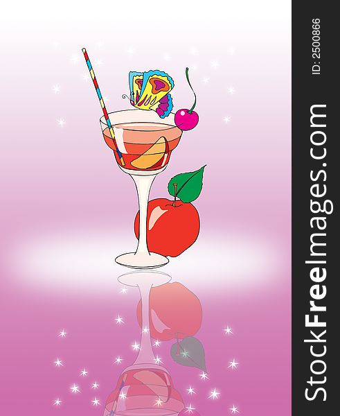 Illustration of different summer drinks on a table with pink ground. Illustration of different summer drinks on a table with pink ground