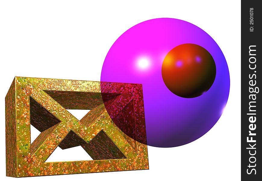 Two brightly colored three dimensional balls, colors are purple  and red. Background is white. Mail symbol is solid extruded 3 dimensional. Two brightly colored three dimensional balls, colors are purple  and red. Background is white. Mail symbol is solid extruded 3 dimensional.