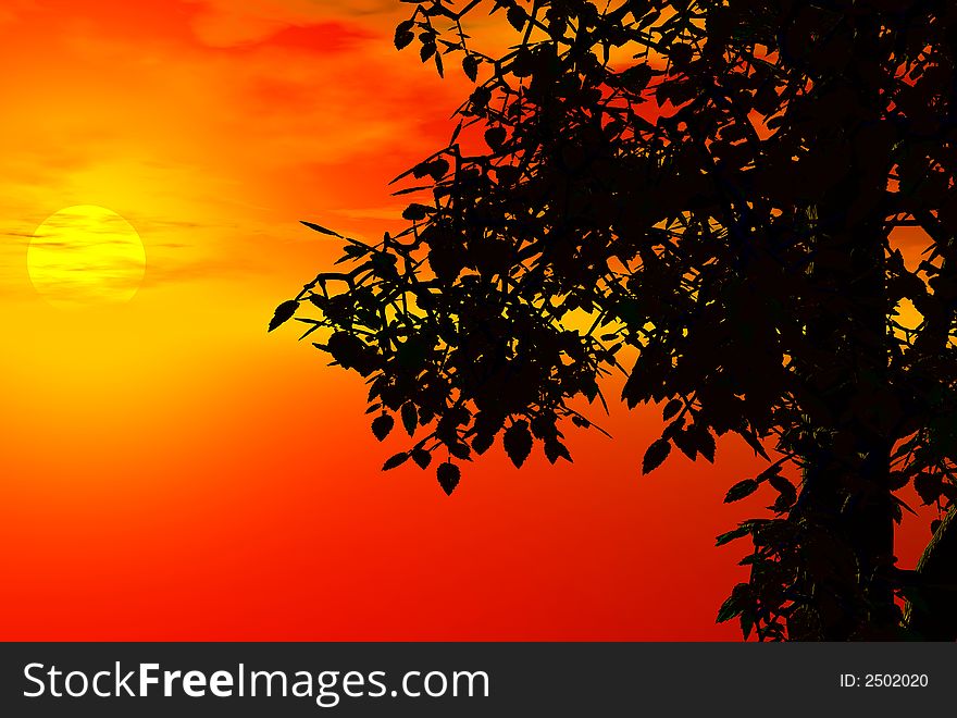 3D render of the tree and sunset