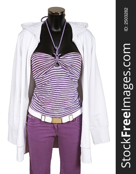 White coat with a hood and violet jeans
