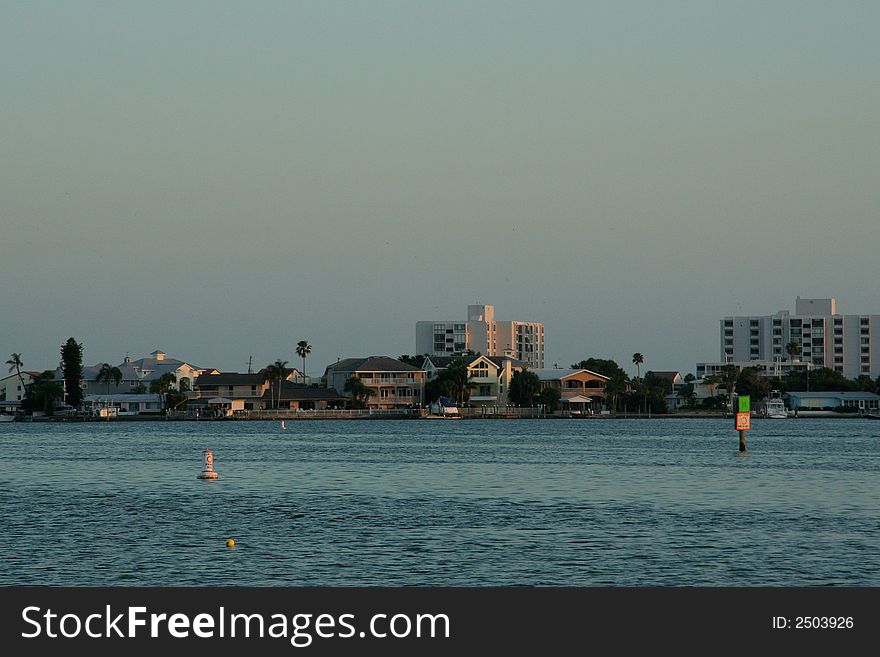 Sunset in Clearwater Florida with water and hotels visible. Sunset in Clearwater Florida with water and hotels visible