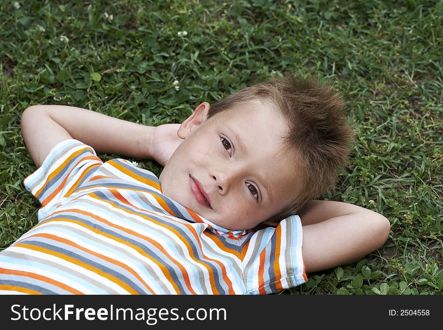 Young blonde haired boy smiling in grass. Young blonde haired boy smiling in grass