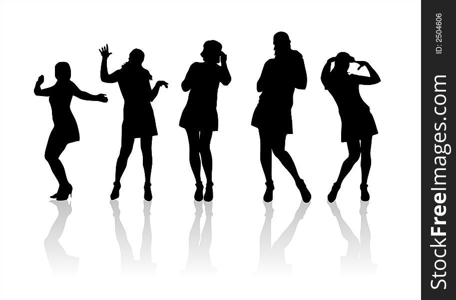 Five fashionable female silhouettes on a white background. Five fashionable female silhouettes on a white background.