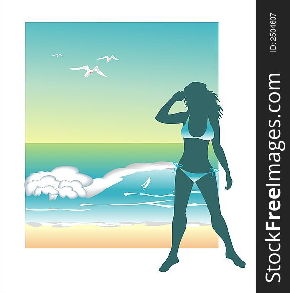 Dark silhouette of the girl on a background of sea waves, birds and a beach. Dark silhouette of the girl on a background of sea waves, birds and a beach.