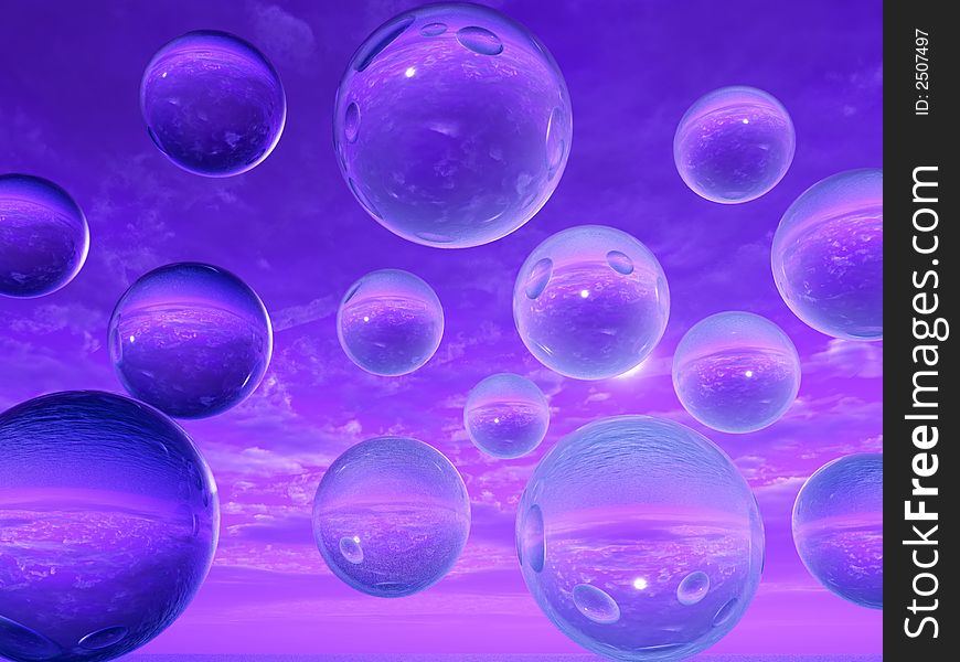 Rising water balls  on sky background - digital artwork.