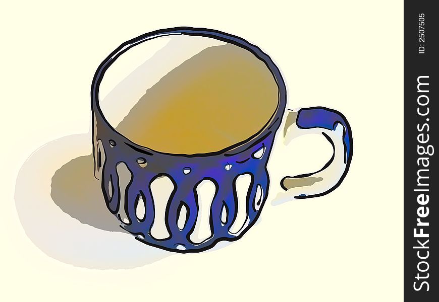 Blue china cup with ornaments. Illustration.