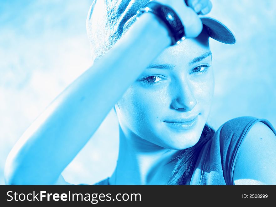 Portrait of  young girl in  blue tonality. Portrait of  young girl in  blue tonality