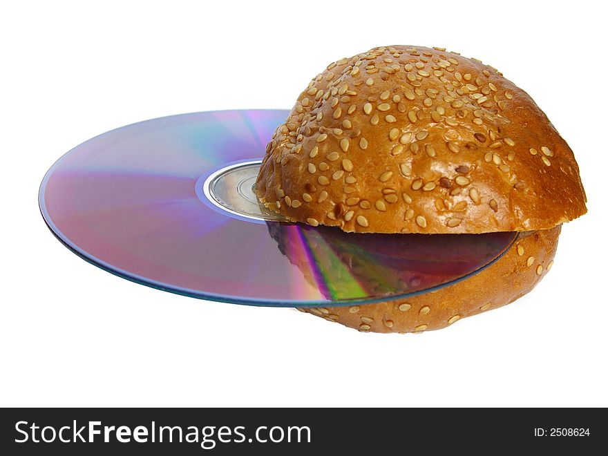 The allegorical image of a hamburger with a compact disc. The allegorical image of a hamburger with a compact disc