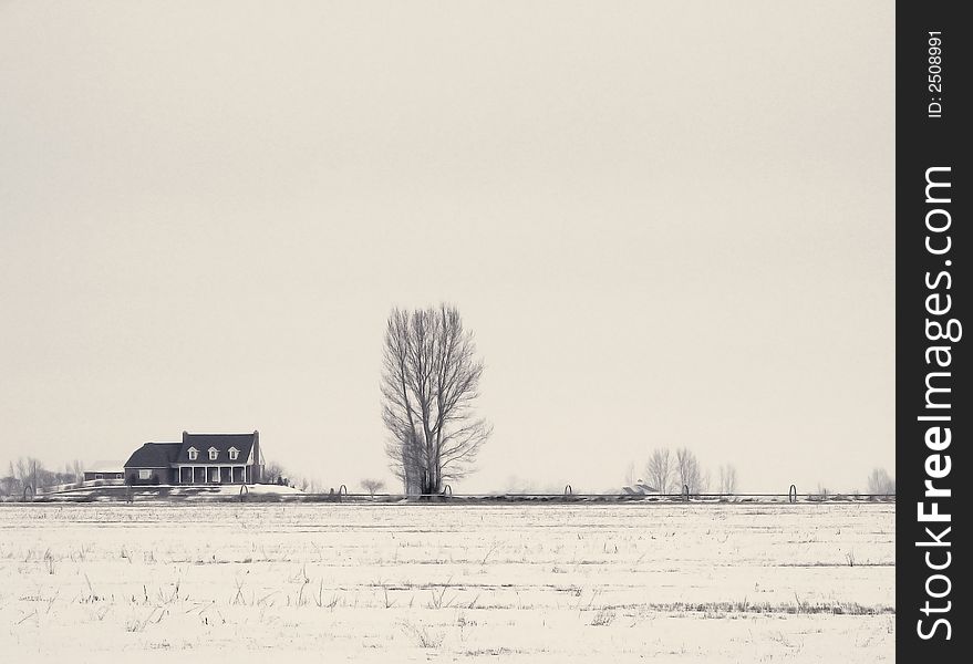 A snowy field and a distant house. A snowy field and a distant house