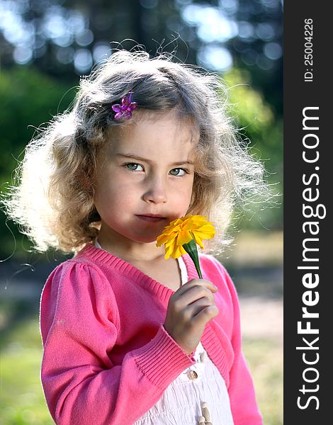 Lovely girl with a flower and pink sweater