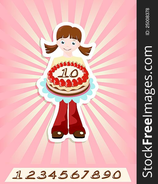 Girl with strawberry birthday cake, numbers can be replaced. Girl with strawberry birthday cake, numbers can be replaced