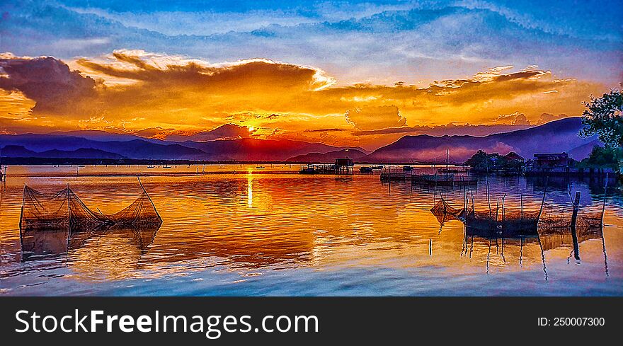 Landscape Painting Of A Peaceful Fishing Village In The Sunset