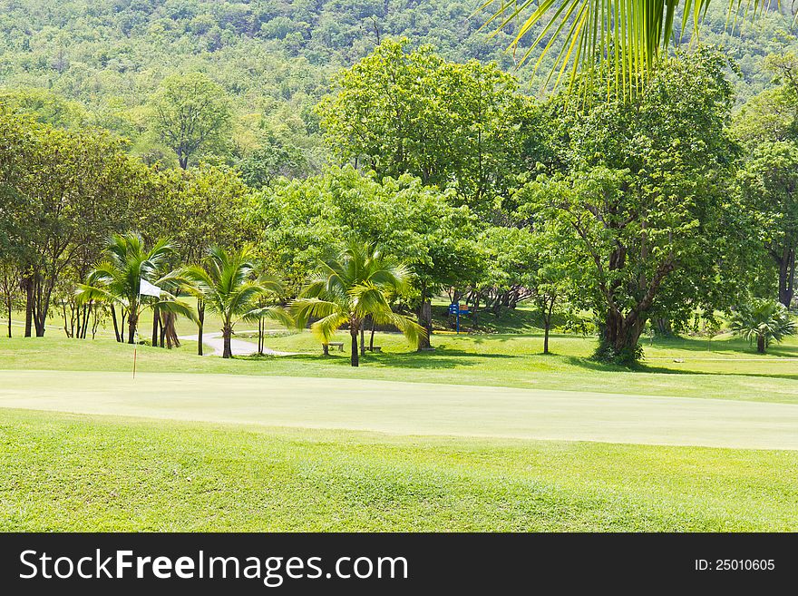 Golf green with flag beside the mountain. Golf green with flag beside the mountain