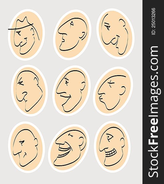 Emotions. set of nine vector sketches illustrating various human emotions