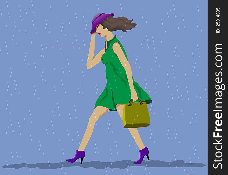 Girl comes with a bag in the rain. Girl comes with a bag in the rain.