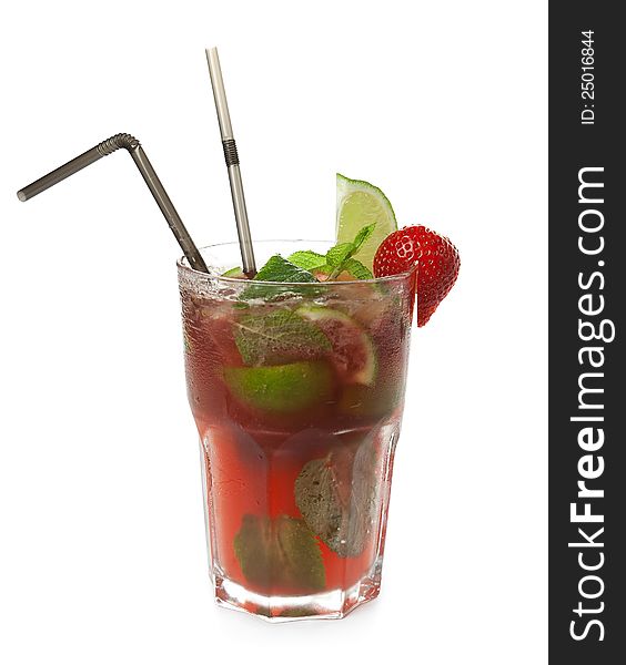 Alcoholic cocktail with strawberry, two straws, lime and mint leaves