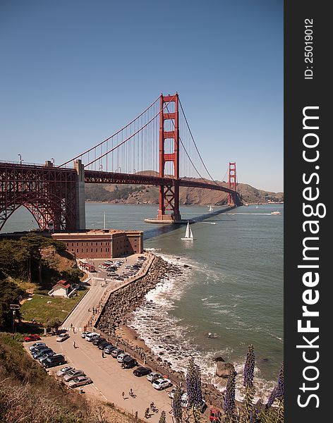 Scenic view of Golden Gate Bridge and historic Fort Point on a sunny day seen from San Francisco.