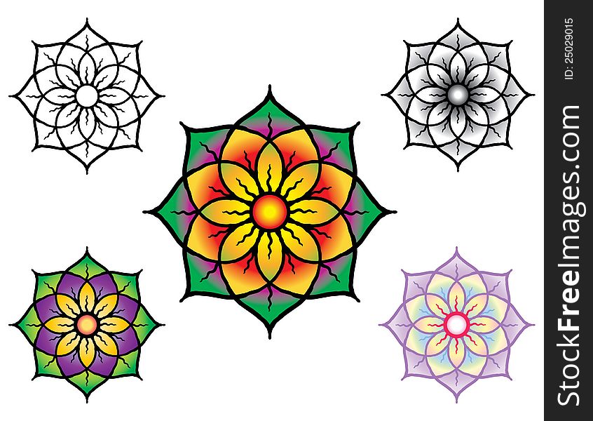 Vector drawing of a decorative flower in five coloristic variants. Vector drawing of a decorative flower in five coloristic variants.