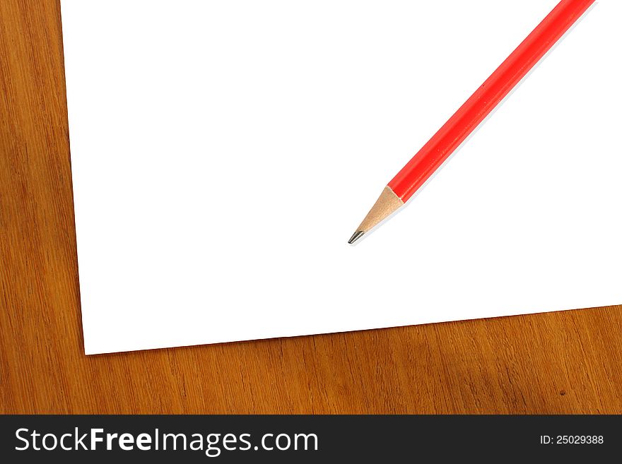 Blank paper and red pencil on wooden background. Blank paper and red pencil on wooden background