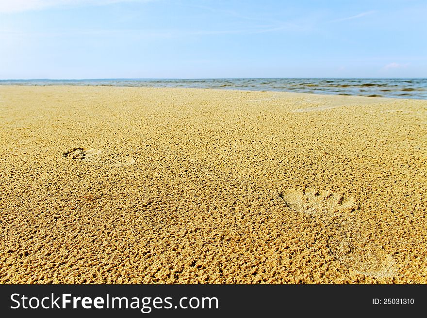 Feet  stamps on sand at the sea.