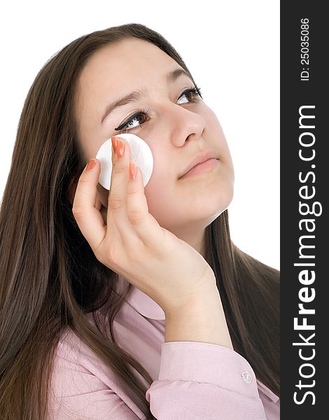 Portrait picture of beautiful woman with cotton pad