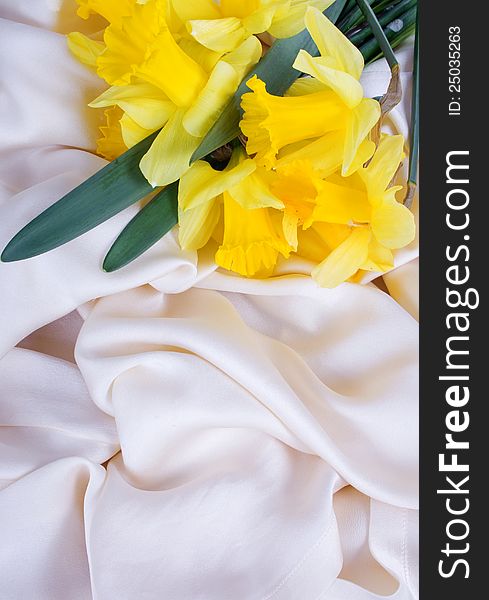 Bouquet of yellow daffodils on a gentle silk. Bouquet of yellow daffodils on a gentle silk