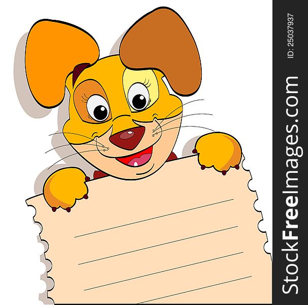 Smiling cartoon dog with a sheet of notebook with lines. Smiling cartoon dog with a sheet of notebook with lines