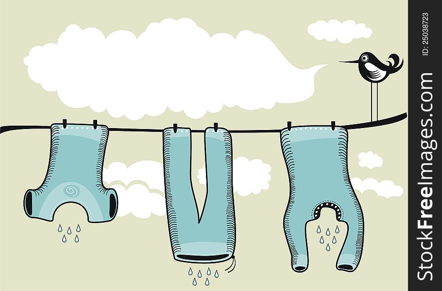 Background scene with drying clothes, clouds and speaking bird. Background scene with drying clothes, clouds and speaking bird