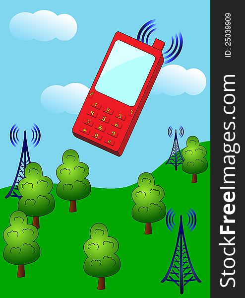 Cellular telephone and radio stations send signals to each other in countryside. Vector illustration. Cellular telephone and radio stations send signals to each other in countryside. Vector illustration