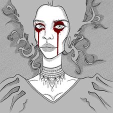 Scary Bloody Woman-ghost With Curly Silver Hair Is Crying. Black And White Sketch Of A Creepy Woman. Royalty Free Stock Photo