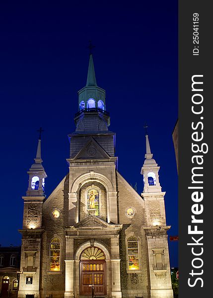 Notre-Dame-de-Bon-Secours chapel in Old Montreal Quebec at night. The oldest chapel in Montreal