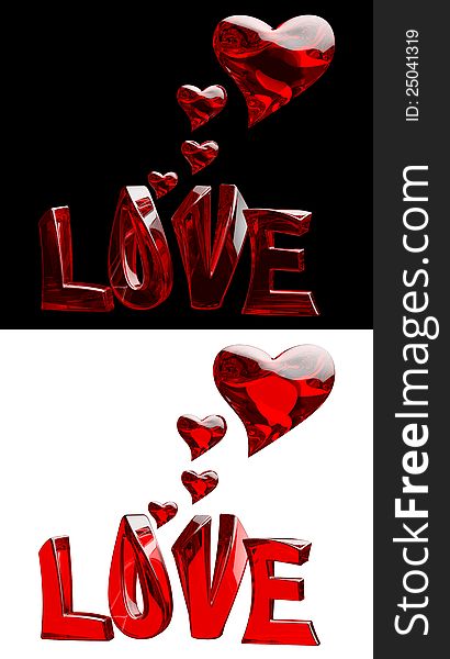 A set of 3D word LOVE with hearts on a black and white backgrounds. A set of 3D word LOVE with hearts on a black and white backgrounds