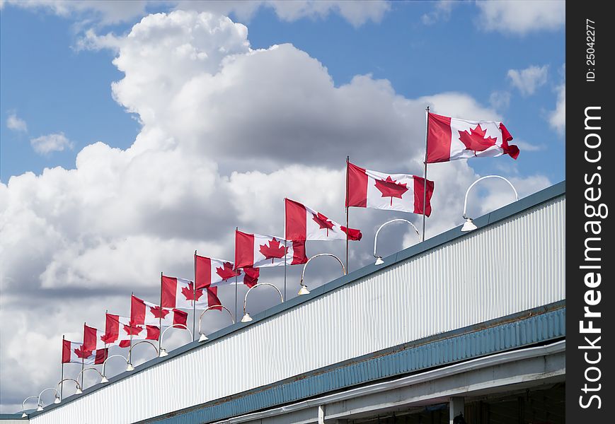 Ten Canadian Flags flying in the wind on top of a building in a beautiful clouded sky. Ten Canadian Flags flying in the wind on top of a building in a beautiful clouded sky