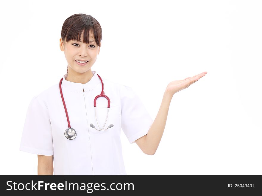 Young asian female nurse rise hand showing blank sign