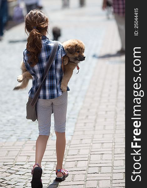 Young girl carries her puppy in the city, seen from backside