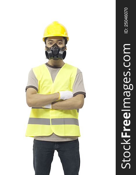 Worker wearing work gear isolated over white background