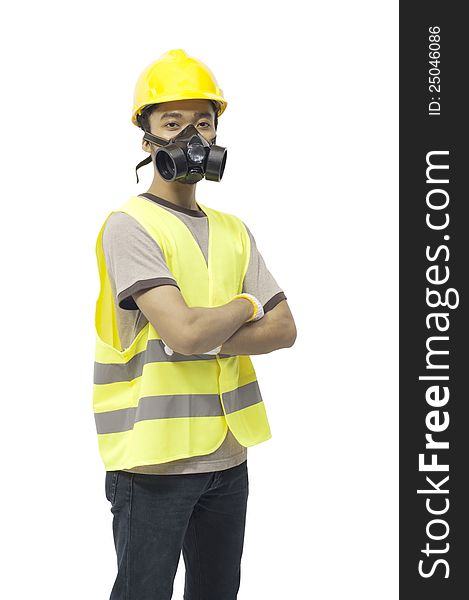 Worker wearing work gear isolated over white background