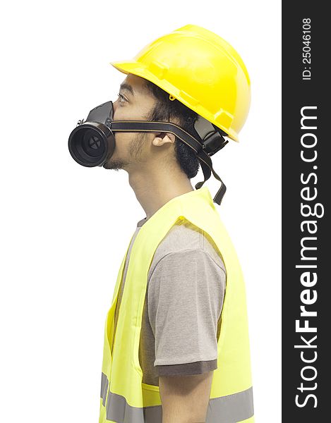 Worker wearing work gear looking up isolated over white background