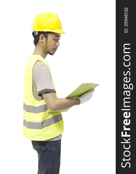 Young male worker hold clipboard isolated over white background