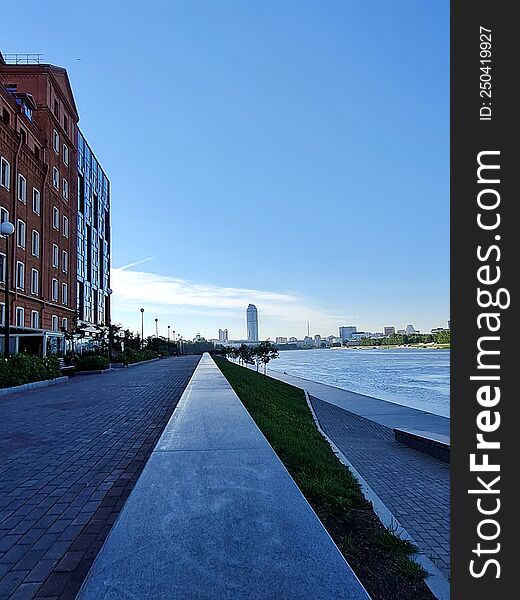 Embankment of the river in the early morning, Yekaterinburg, Russia