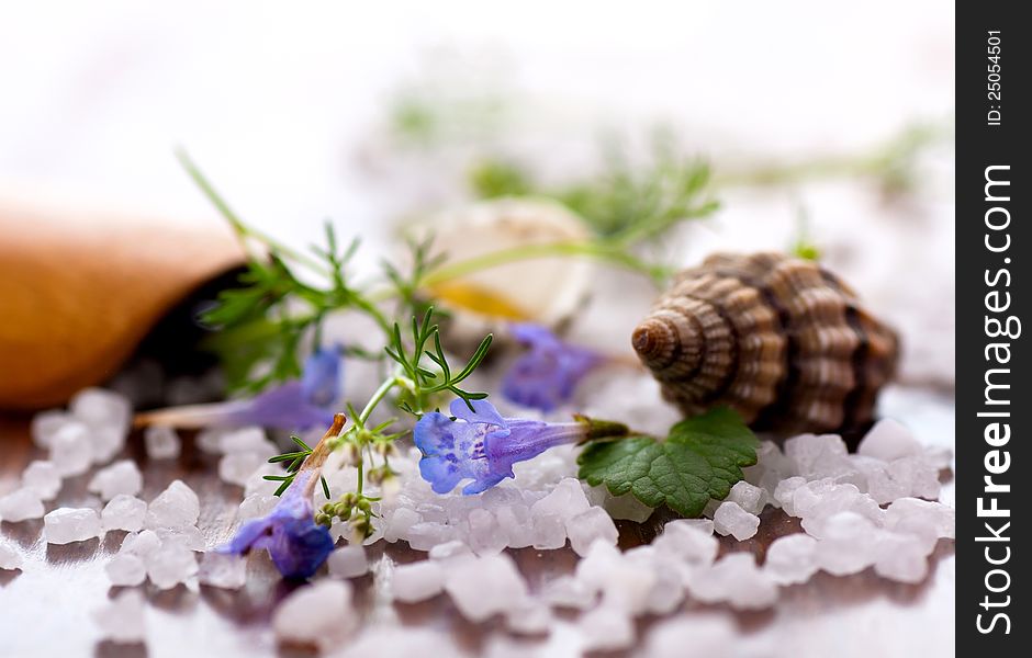 Sea salt and flowers close-up shot