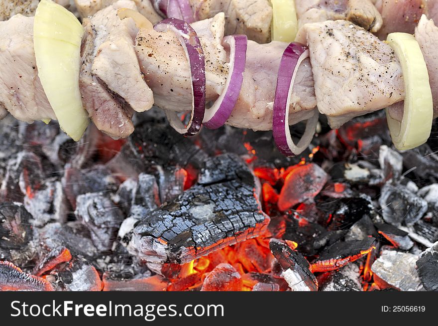 Tasty grill kebab salyk on a glowing charcoal with onion. Tasty grill kebab salyk on a glowing charcoal with onion