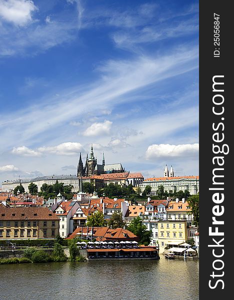 Prague Castle and Vltava river on a bright sunny day