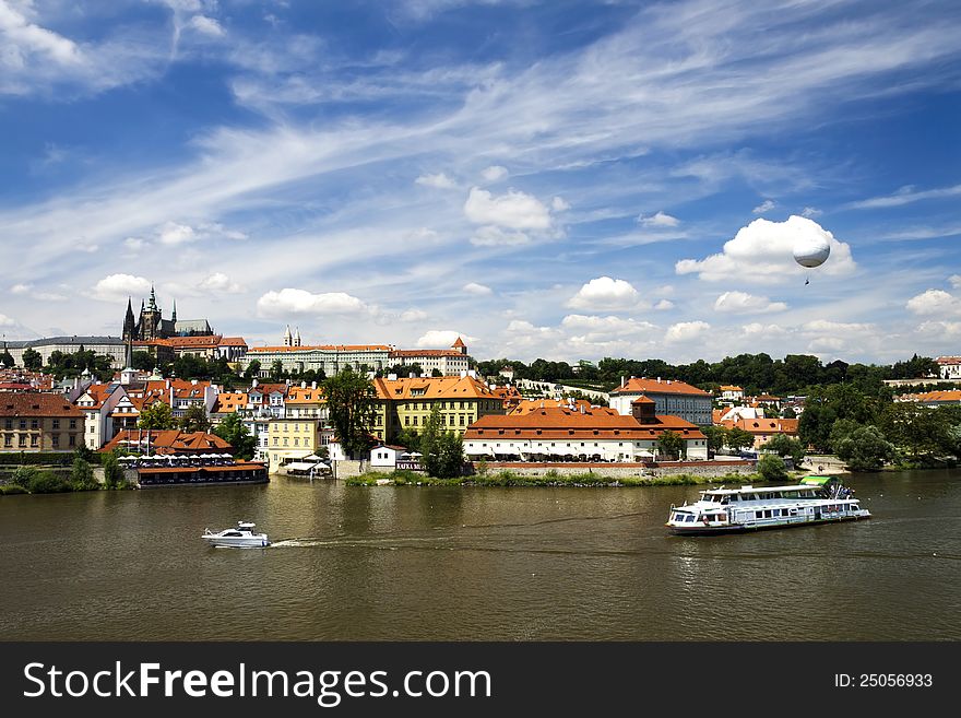 Prague Castle and Vltava river on a bright sunny day