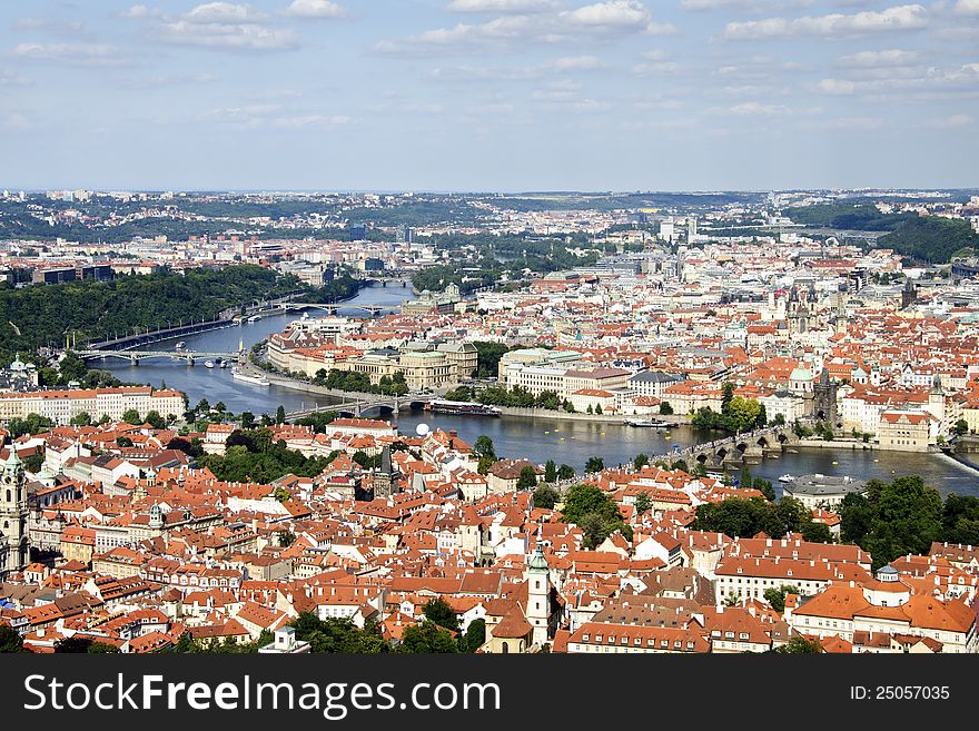 Bird watch view of the old town or Prague an Vltava river. Bird watch view of the old town or Prague an Vltava river